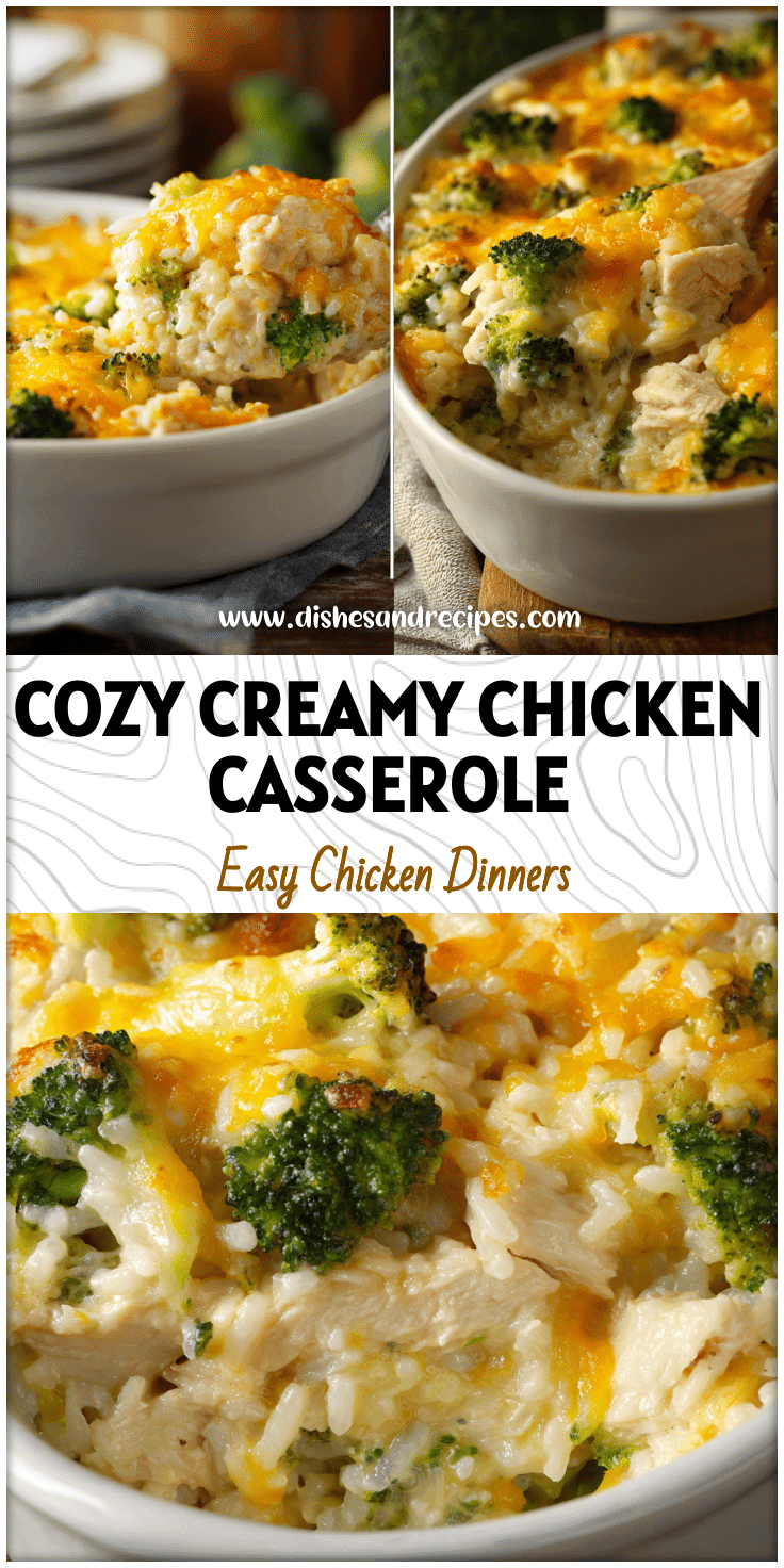 Bubbly cheese-topped chicken broccoli rice casserole served in a white baking dish for a cozy weeknight meal